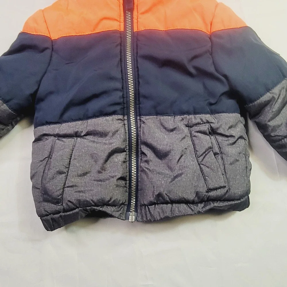 OshKosh Kids B'gosh Colorblock Puffer Jacket Size 18M Orange Navy Gray Hooded